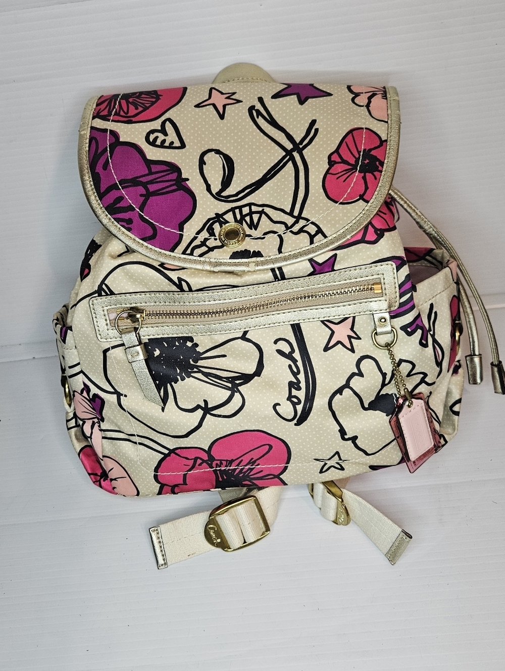 COACH Kyra Floral Poppy Print Backpack Pink White Purple Gold Tone Bag - Picture 2 of 16